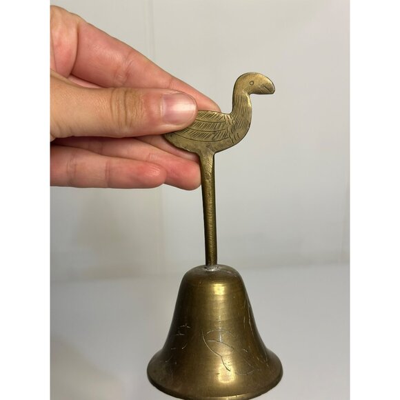 VTG Solid Brass Hand Bell – Flamingo Handle, Ornate Engraved Design, 5" Tall - Picture 3 of 5